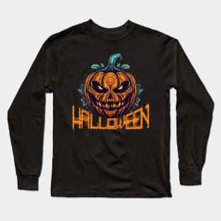 Enchanted Harvest: A scary Graphic Drawing of a Halloween Pumpkin Long Sleeve T-Shirt